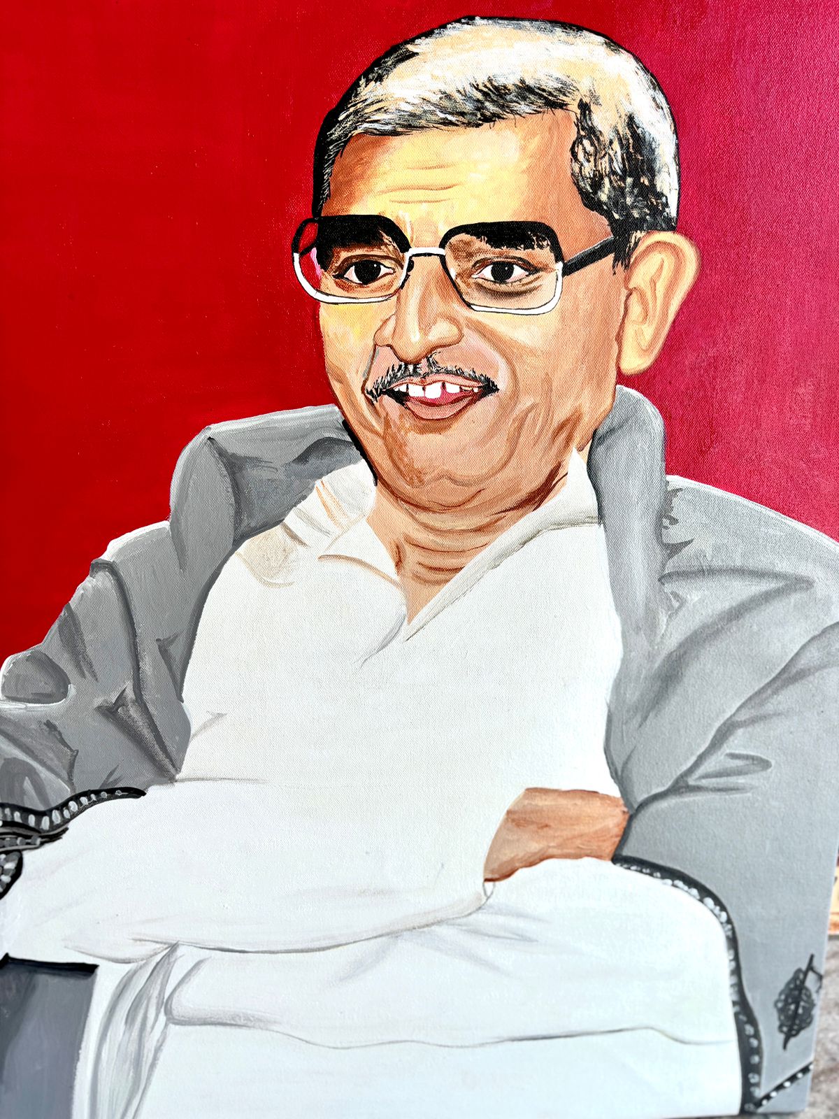 Custom portrait painting commission on red canvas