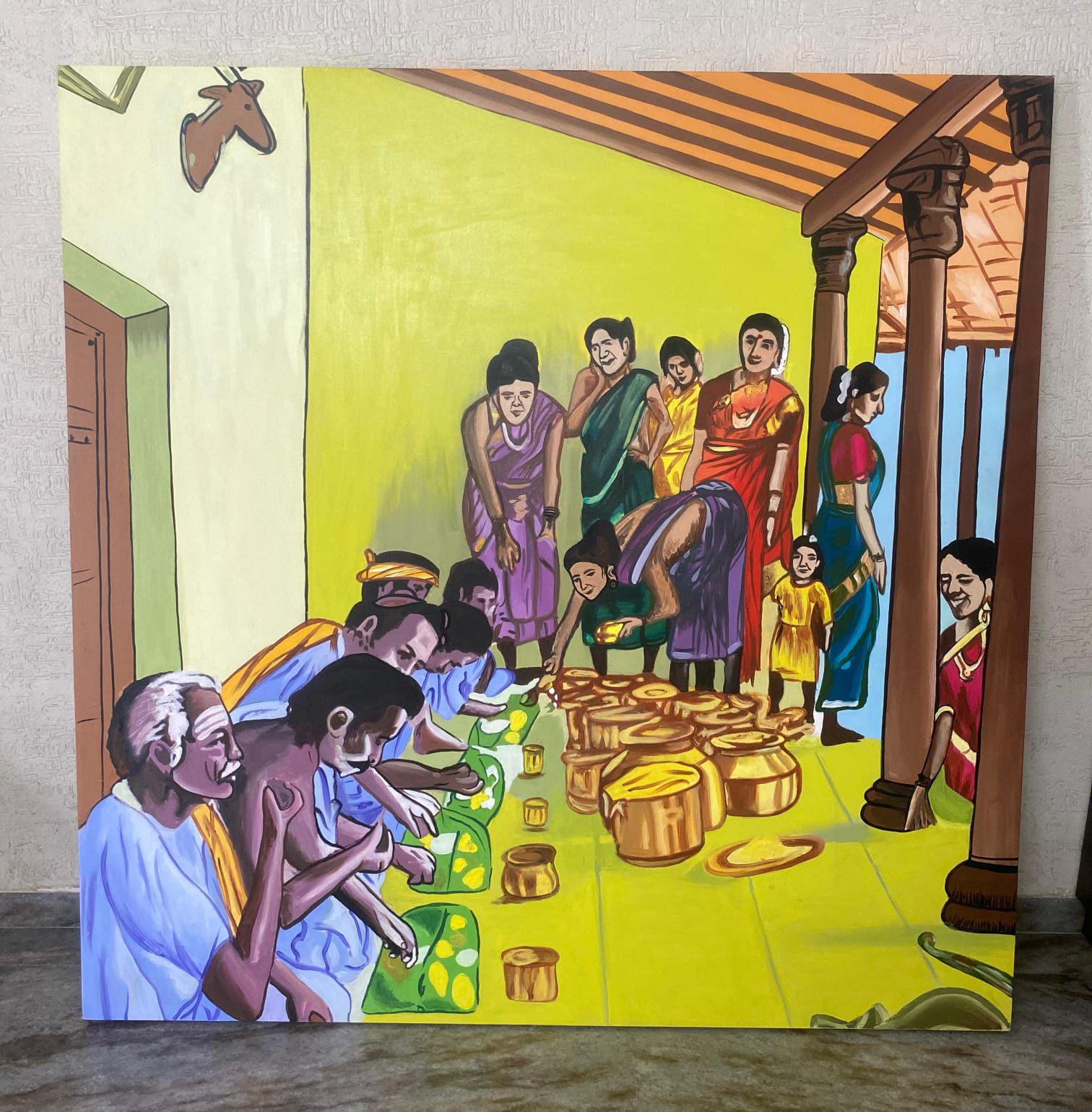 Golden devotional wall mural in progress