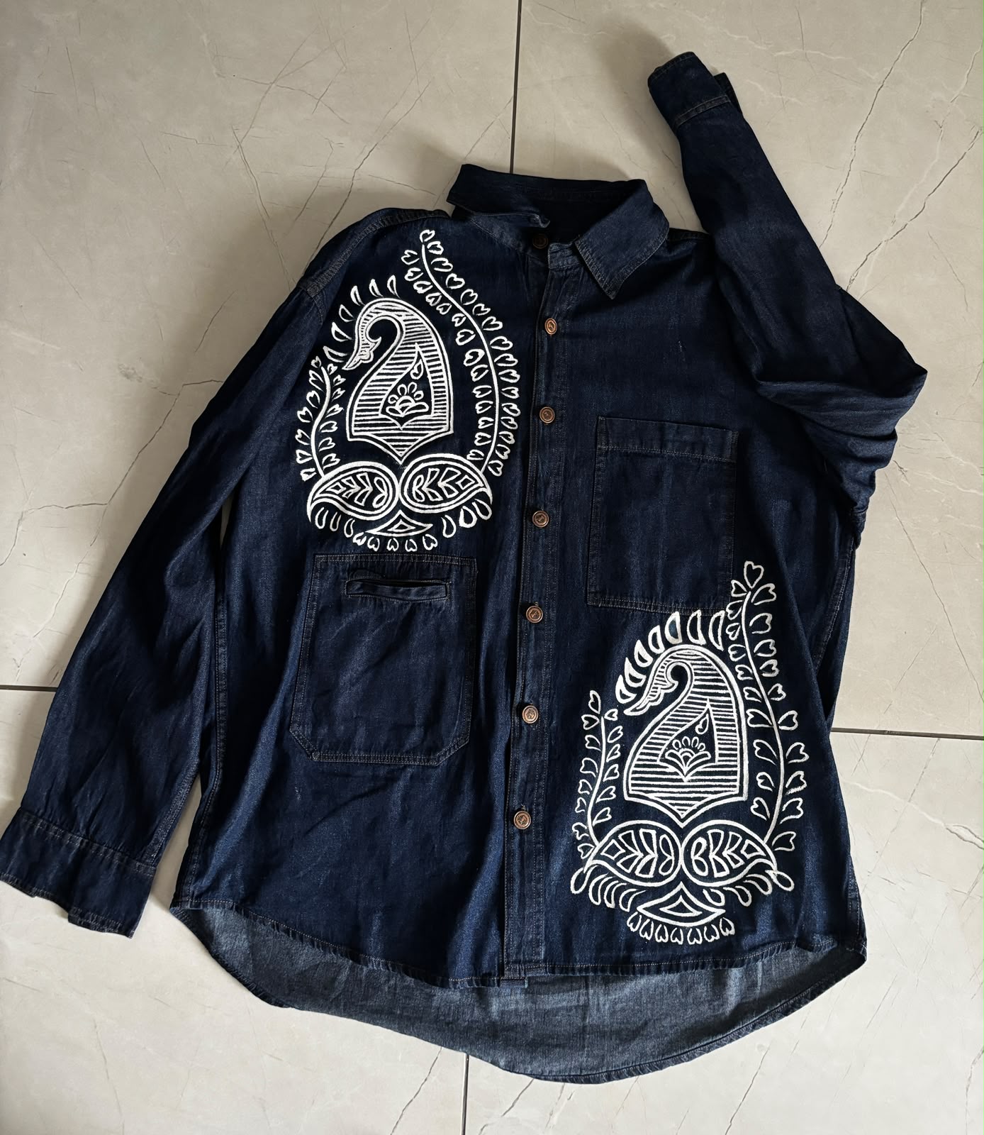 Boys shart painting — Devotional & Commissions by Nisha Art, Hand-painted fabric art on denim, 2025